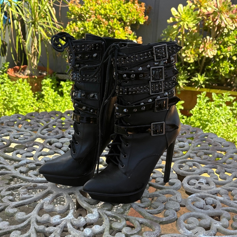 Privileged Black Studded Lace-Up High Heel Buckle Boots